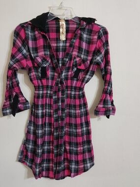 Spoiled Pink Black Plaid Button-Front Hooded Shirt Dress